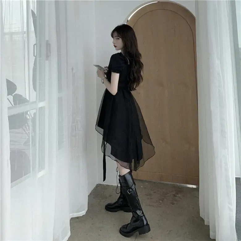 

Japanese Gothic Lolita Black Dresses Women Korean Square Collar Lace Splice Puff Sleeve Dress Female A-Line Harajuku Diablo Dres