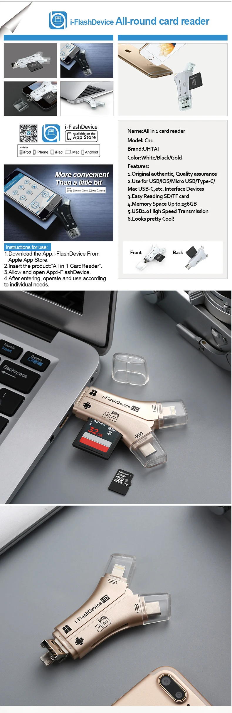 Утхай C80 быстрозаряжаемый Micro SD/TF OTG кард-ридер Multi чтения карт памяти мини-адаптер для iPhone 6/7/8 11 XR Plus iPod iPad OTG Картридеры
