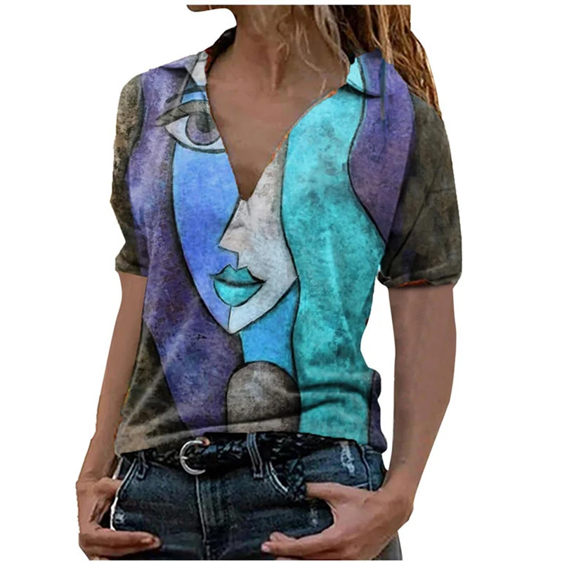 

Summer Portrait Printing V Neck Short Sleeved Top Women's Casual Loose Fashion Large Size T Shirt