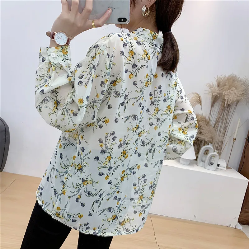 Autumn Loose single breasted bust 106cm Women floral printed tops fashion office lady long sleeve elegant work shirts n321 | Женская