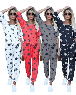 

Wholesale Stars Printed Plus Size Long Sleeve 2 Two Piece Night Sleepwear Pajamas Matching Sets Home Women Fall Winter Clothing