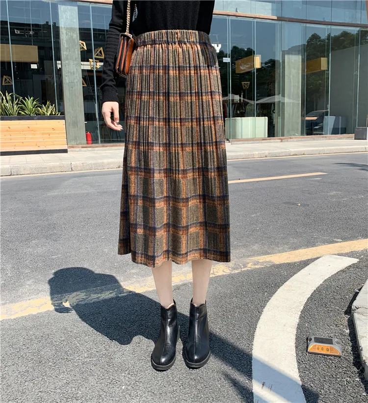 

2021 Autumn Winter Woolen Pleated Skirts For Women Plaid Fresh Wind Retro Literature Art Mid-length Skirts 103C