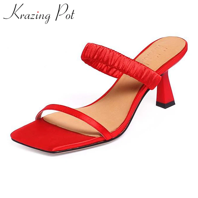 

Krazing Pot silk mules basic clothing flip flop thin high heels summer fairy slip on wedding peep toe model beauty sandals L81