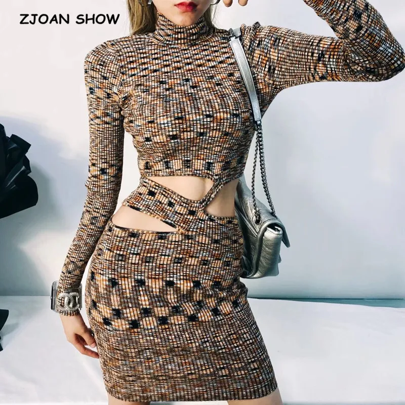 

2021 Vintage Hollow Out Hole Waist Bodycon Mid-calf Sexy Dress Retro Women Turtleneck Stretch Split Knitting Long Sleeve Dresses