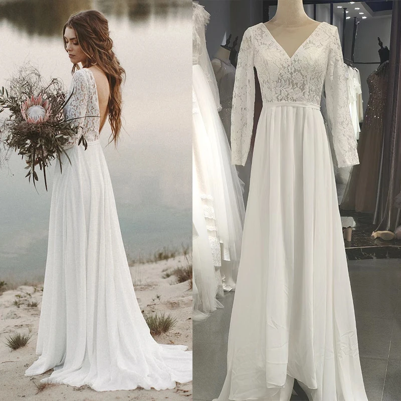

3049#Lace Long Sleeve Boho Open Back Bohemian Sweep Train Wedding Dress Beach A Line Backless Bridesmaid Gowns Vestido De Noiva