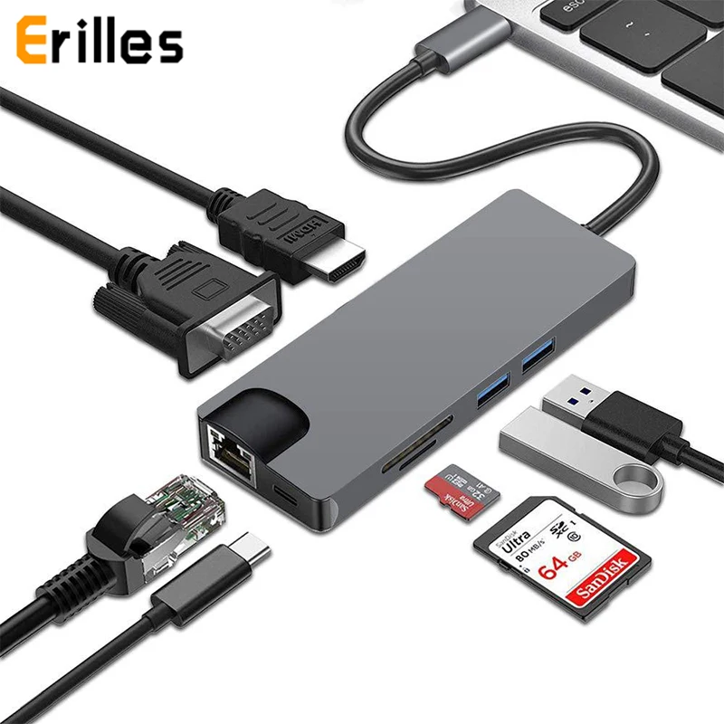 8 в 1 usb type C 3 2USB SD Micro LAN VGA HDMI USBC адаптер концентратор Расширение PD зарядная док