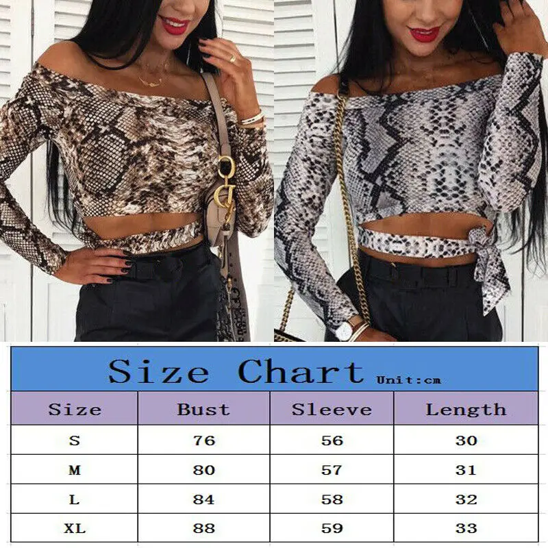 

Off Shoulder Snake Skin Print Fitted Tee Long Sleeve Slim Spring Hollow Bowknot T Shirt Women Spring Autumn Fashion Ladies Tops