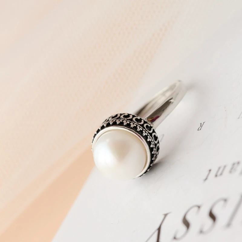 

Ethnic Retro Style Authentic 925 Sterling Silver Rings Inlaid Natural Freshwater Pearl Opening Adjustable Ring Lady Jewelry Gift