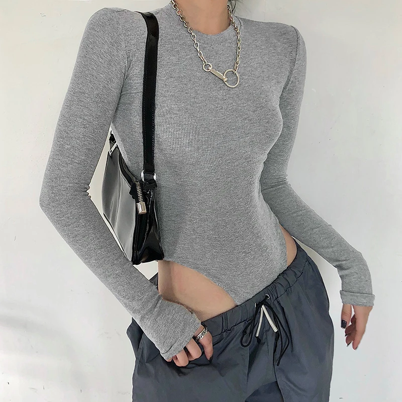 one shoulder bodysuit Solid Ribbed Knit Black Gray Female Bodysuit Turtleneck Top Women Long Sleeve Fall 2020 Winter Bodycon Keep Warm Khaki Body Sexy bodysuit women