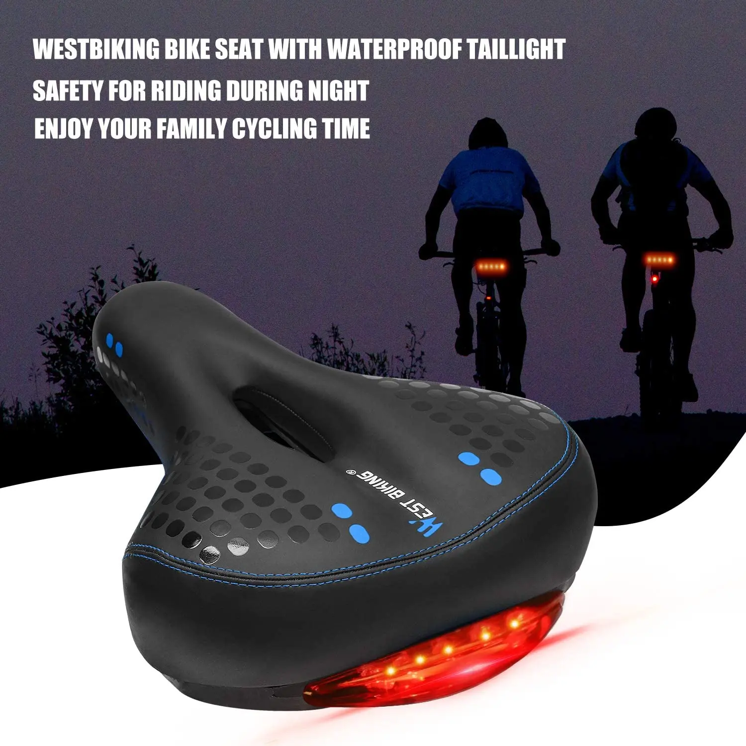 WEST BIKING Bicycle Saddle with Tail Light Thicken Widen MTB Soft Comfortable Bike Hollow Cycling Rear Seat Warning Lamp 3 Modes