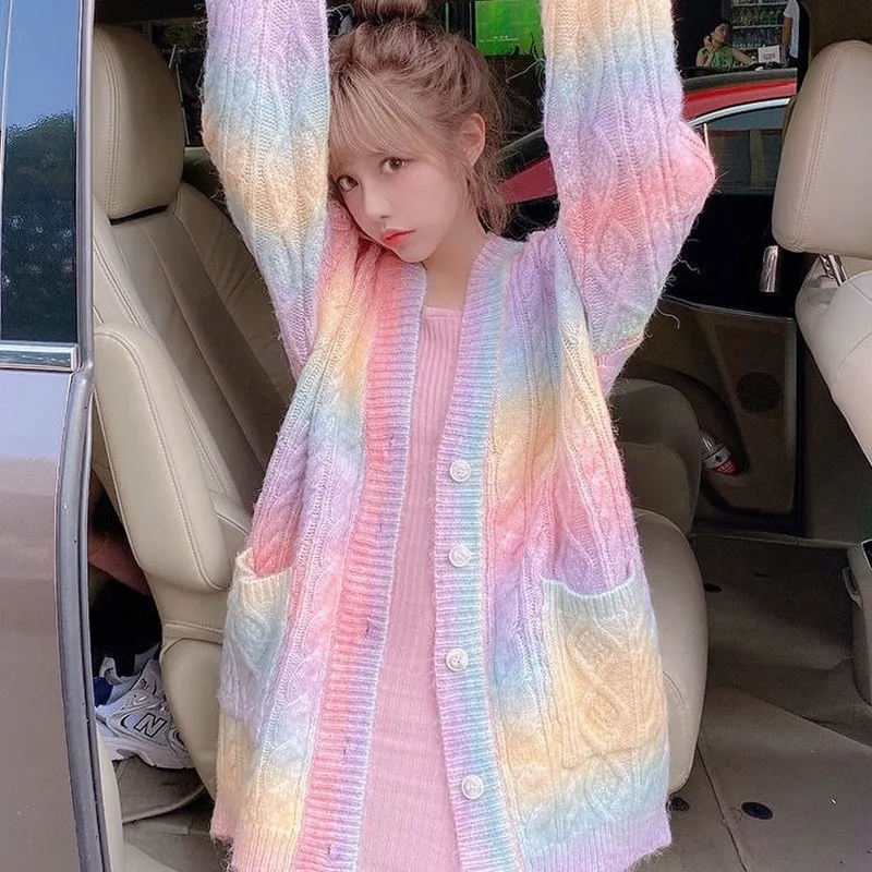 

Rainbow Knitted Cardigan Women Autumn winter Sweet Kawaii Sweater Coat Female Long Korean Button Down Cardigan Fall HH366