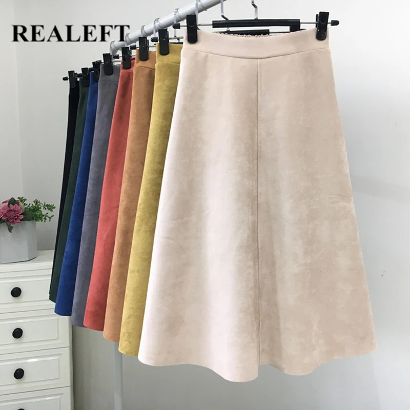 

FAKUNTN New 2021 Autumn Winter Women Suede Midi Skirts High Waist Multi Color Elegant A-Line Skirts Umbrella Ladies Skirt Female