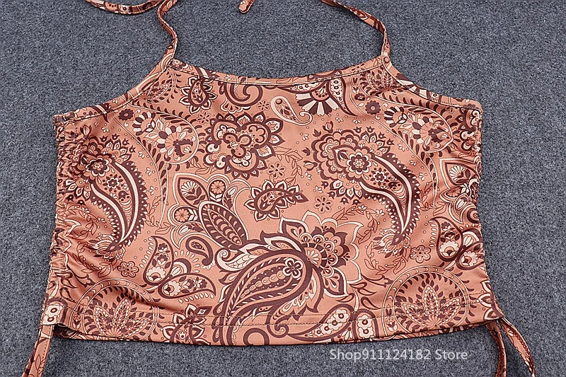 

2021 European and American Summer New Lazada Hot Style Retro Printing U-Neck Halter Neck Lace-Up Waist Drawstring Vest Women