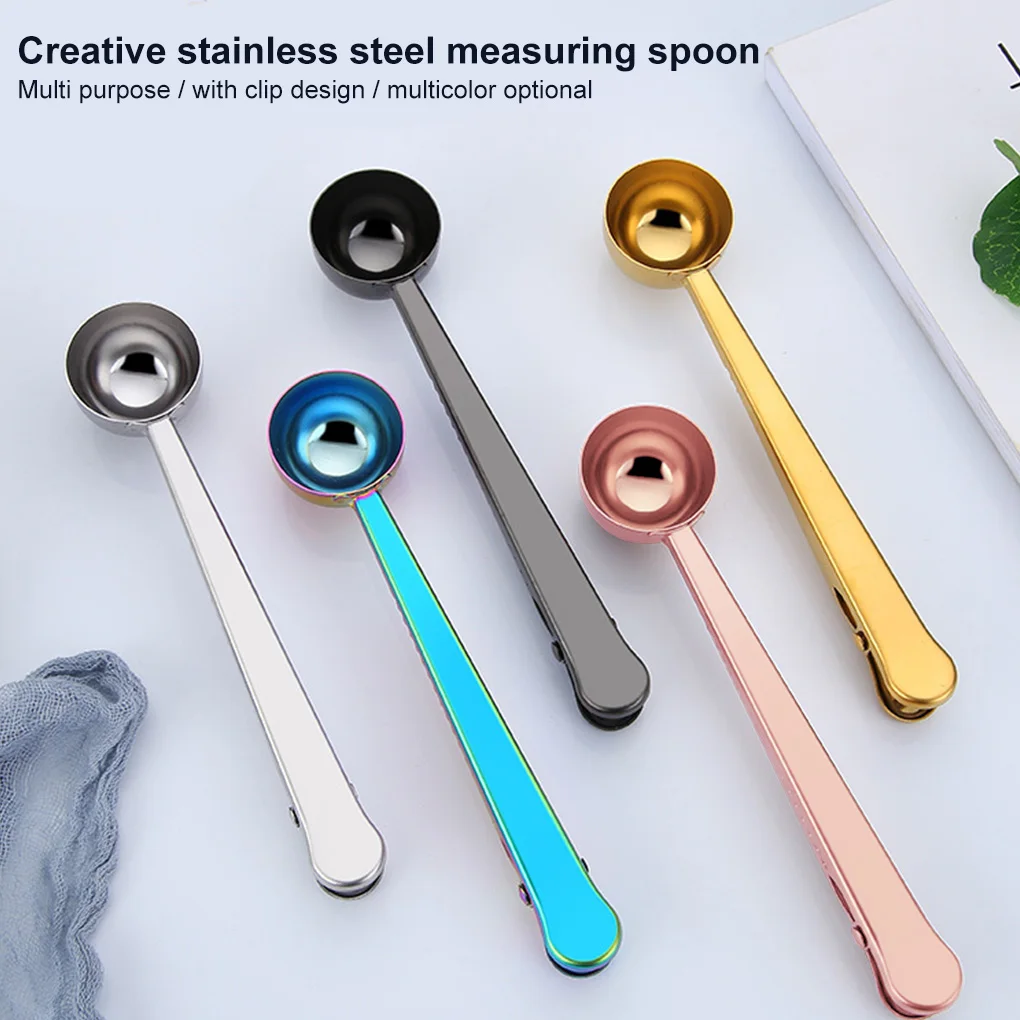 

2 in 1 Stainless Steel Coffee Scoop Clip Sealing Bag Kitchen Accessories Scooper Clips Colorful Home Cafe Cucharilla Decoration
