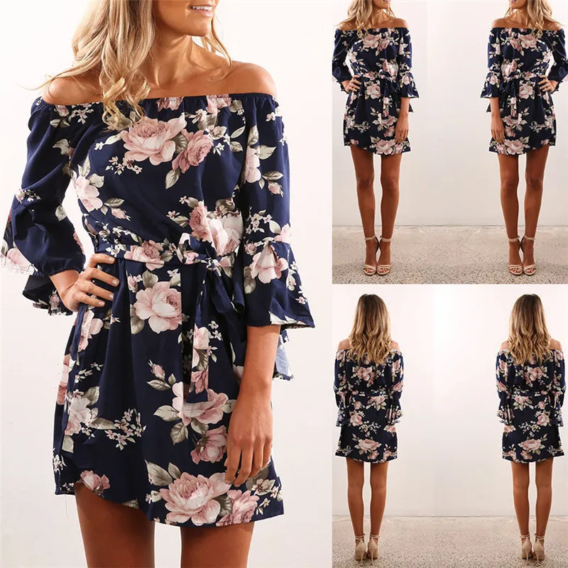 Women Dress 2018 Short Party Beach Dresses Vestidos de fiesta Summer Sexy Off Shoulder Floral Print Chiffon Boho Style | Женская одежда