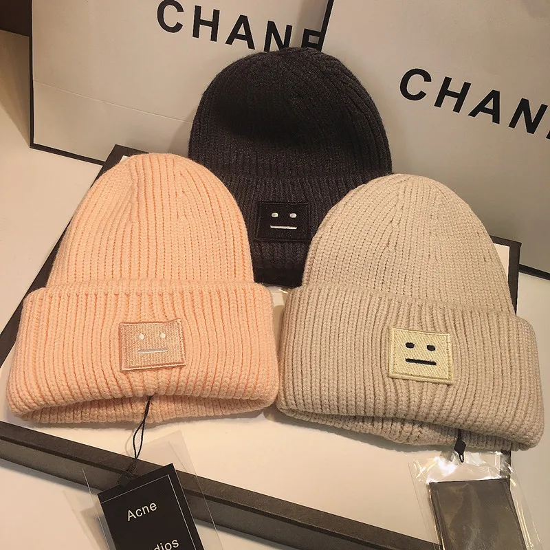 

Unisex Square Smiling Face Knitted Hats Women Retro Beanie Hat Autumn Winter Warm Bonnet Casual Cap Men Brimless Baggy Melon Cap