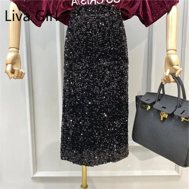 Юбка-карандаш Женская однотонная с блестками офисная юбка до середины икры в