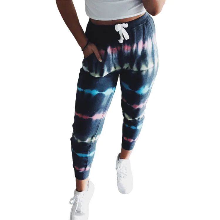 

Striped tie dye print lace up slim fit pants pants for women