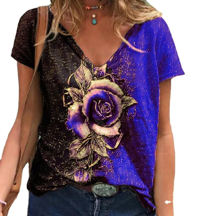 

Explosive summer Nice short-sleeved bottoming shirt rose print T-shirt