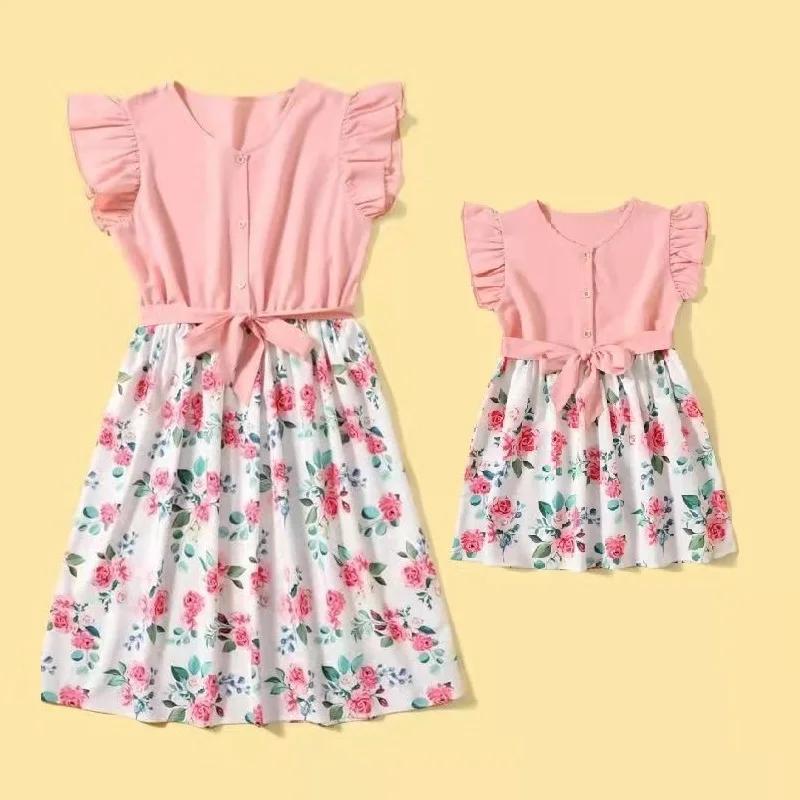 

Ruffled Mother Daughter Dresses Summer Family Matching Outfits Flower Mommy and Me Clothes Fashion Women Girls Cotton Dress 2022