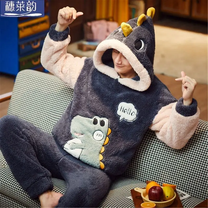 Pajamas men's autumn and winter facecloth thickened velvet students youth coral fleece large yards men's home furnishing suit