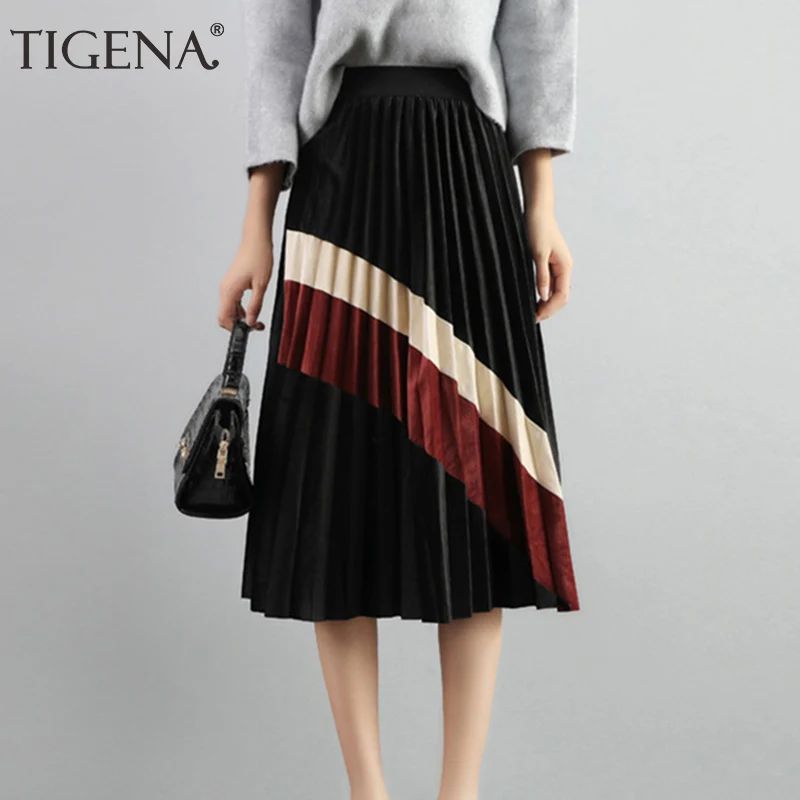 Женская плиссированная юбка TIGENA длинная из бархата трапециевидная с высокой