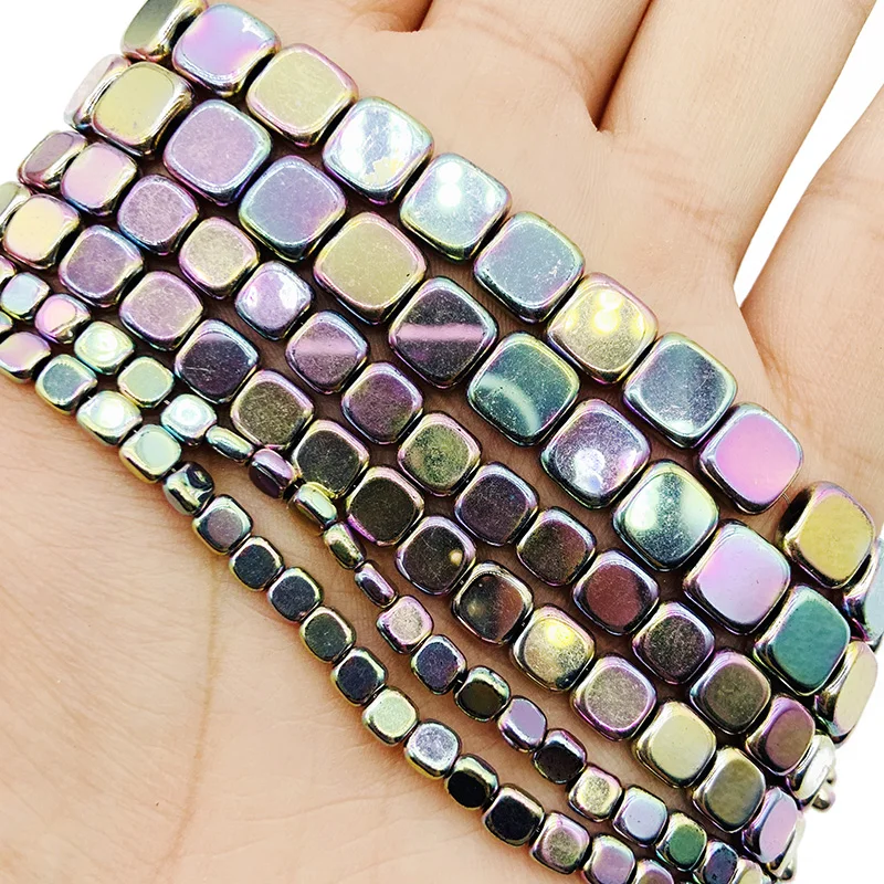 

BTFBES Light Purple Flat Square Natural Hematite Stone 4/6/8MM Loose Beads For Charm Jewelry Making DIY Necklace Earrings