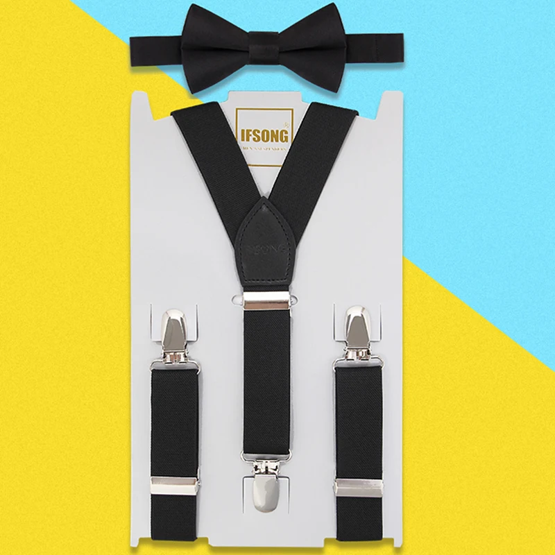 

High Quality Baby Boys Girls Suspenders Bowtie Sets Y Tpye Solid Color Kids Elastic Suspender Braces Children Bowknot Gift Box