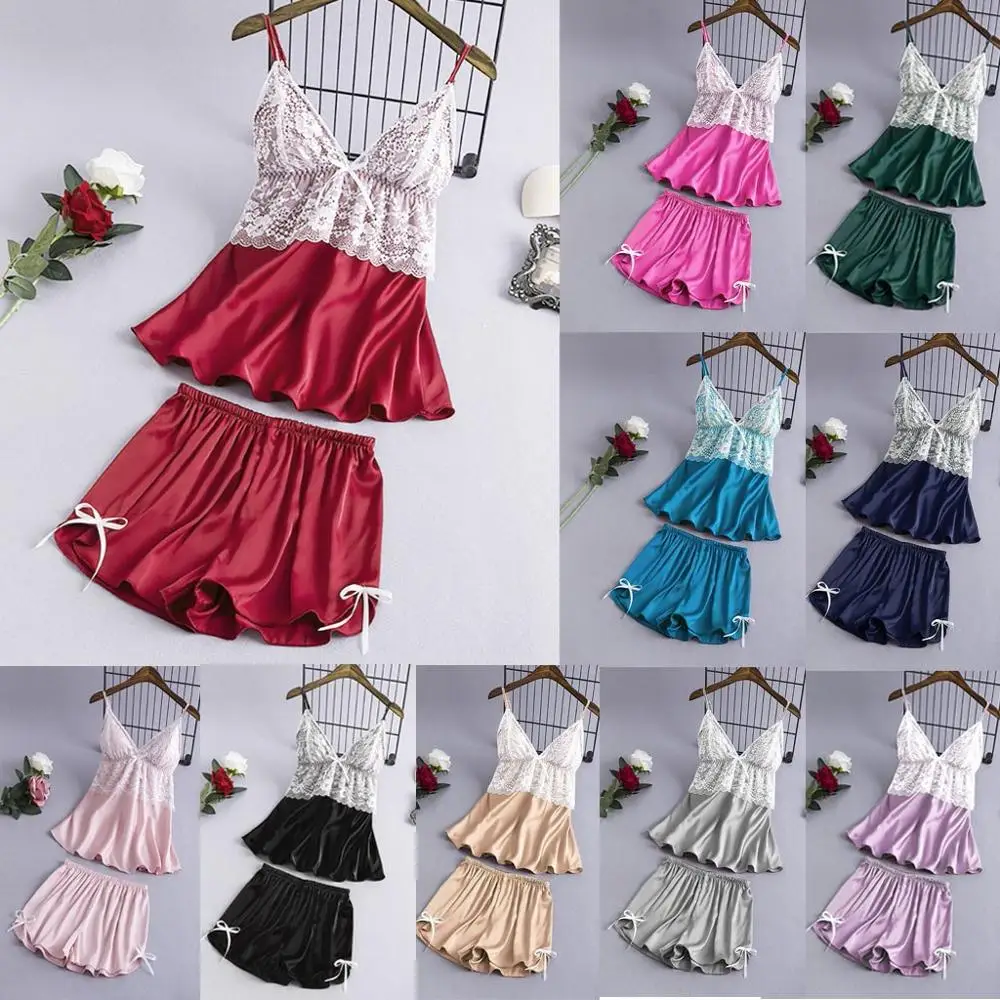 Пижама женская одежда для сна пижама атласная кружевная с v-образным вырезом