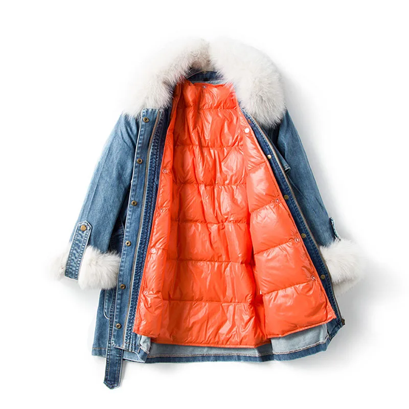 Real Natural Fox Fur Collar New Down Parka Women Winter Jacket Detachable White Duck Down Liner Denim Jacket Warm Coat