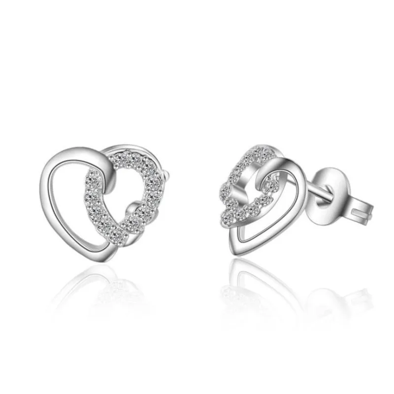 

New Fashion Accessories 925 Sterling Silver Jewelry Temperament Female Double Hearts Love Stud Earrings