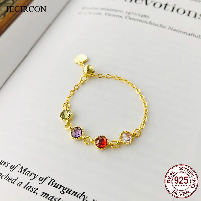 

JECIRCON 925 Sterling Silver Multicolor Zircon Chain Rings French Light Luxury Gold/Rose Gold/Silver Chain Adjustable Ring