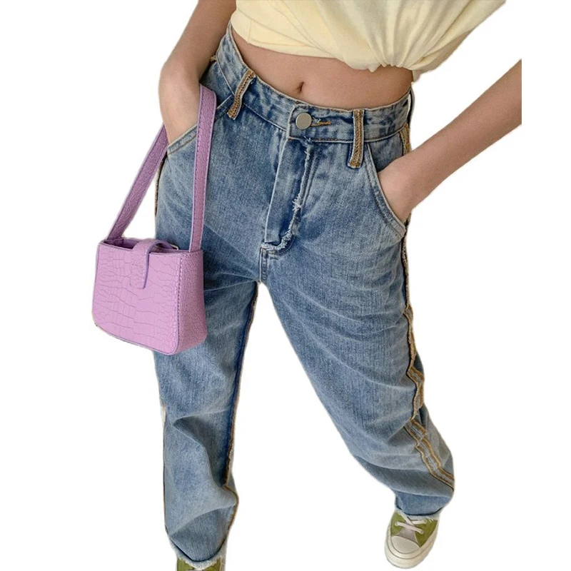 

Personality Stitching Color Frayed High Waist Jeans Women's 2021 Summer New Straight Mopping Pants