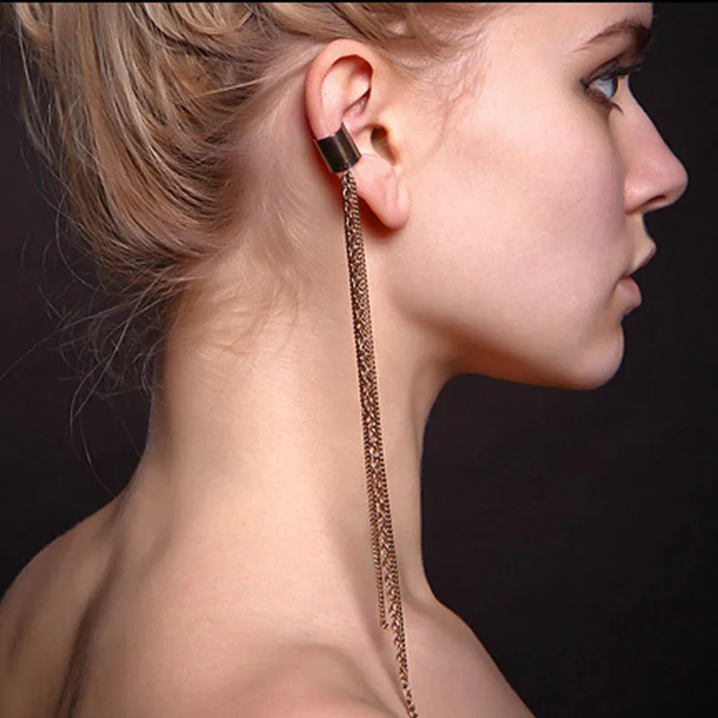 Винтажная длинная цепочка серьги клипсы с кисточками для женщин золотого цвета