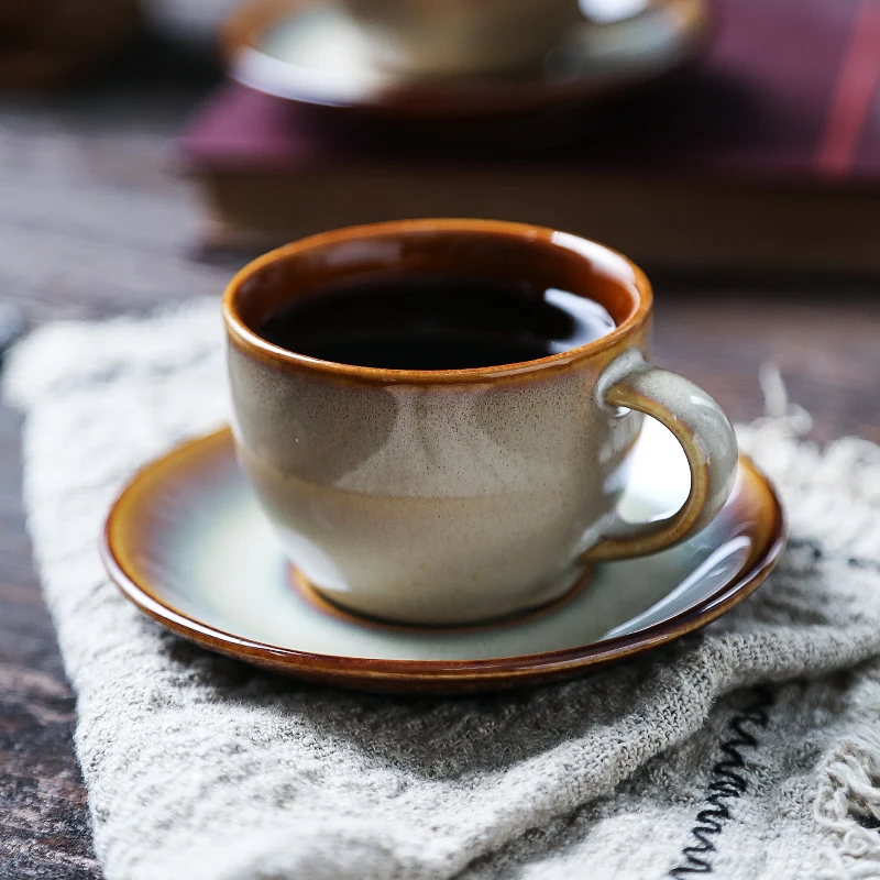 Japanese-style Retro Stoneware Coffee Cup Saucer Vintage Ceramic Quaint Breakfast Afternoon Tea Milk Mugs Dessert Cake Tray | Дом и сад