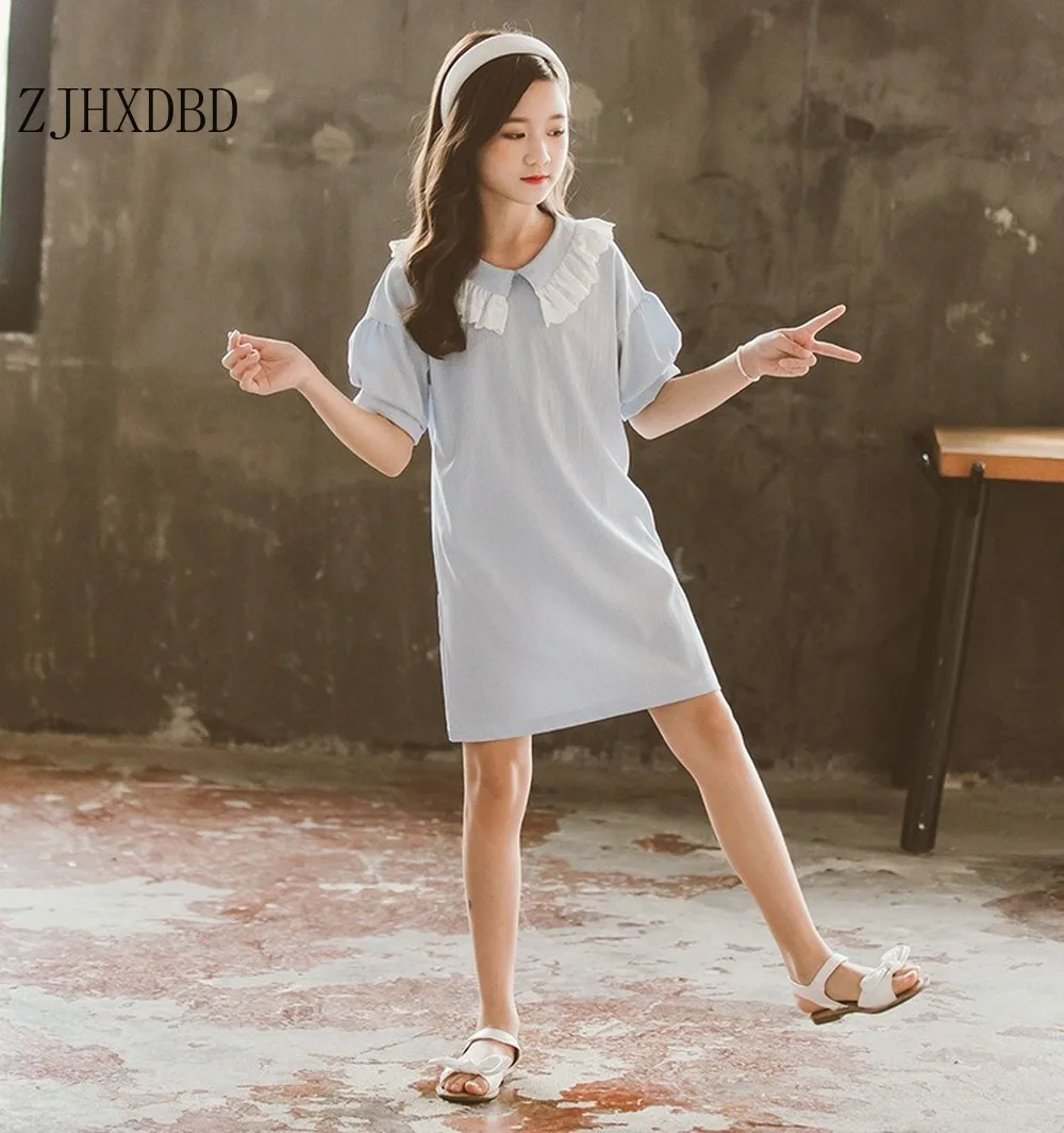 Платье для девочек Лето 2020 Корейская иностранная синяя однотонная Повседневная