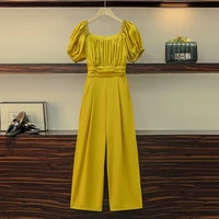 jumpsuits pleated slim rompers boat neck solid long pants playsuits women 2021 summer casual overalls bottomed wide leg jumpsuit