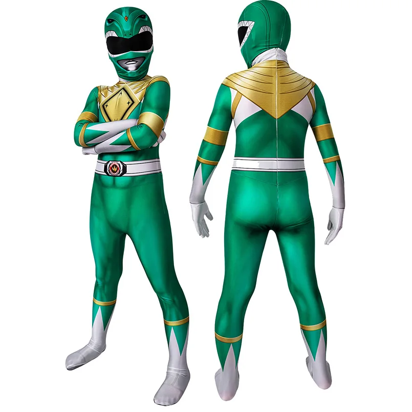 Kids Ranger Superheroes Tommy Green Ranger Jumpsuit Cosplay Costume For Children Halloween Masquerade Printing Bodysuit