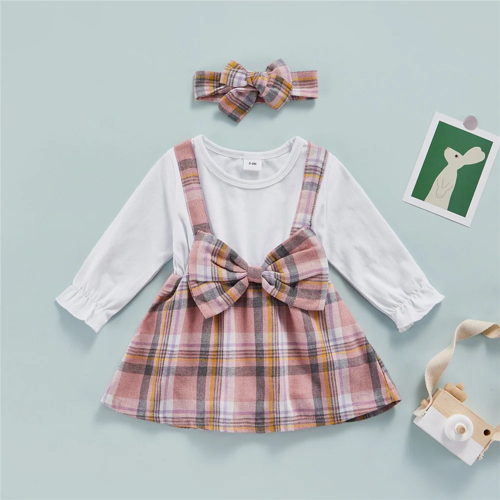 

0-18 Months Newborn Baby Girl Cute Romper Plaid Print Dress with Patchwork Bow Bottom Press Button Jumpsuit With Headband