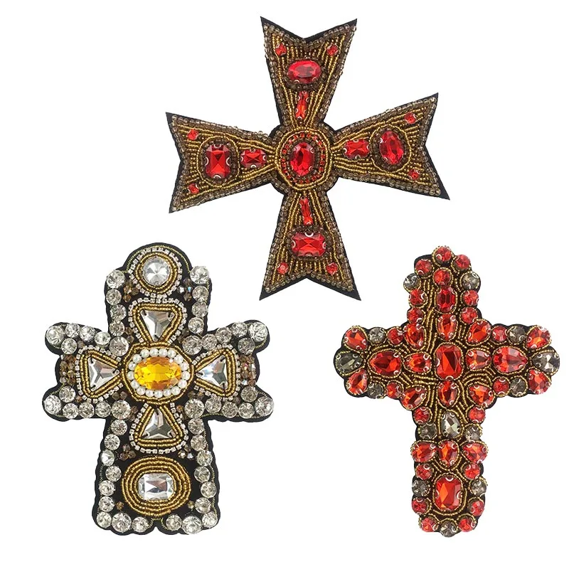 1 Piece Fashion Handmade Beaded Cross Sew on Applique For DIY Patches Jeans Bags Craft Clothes Decoration Accessories