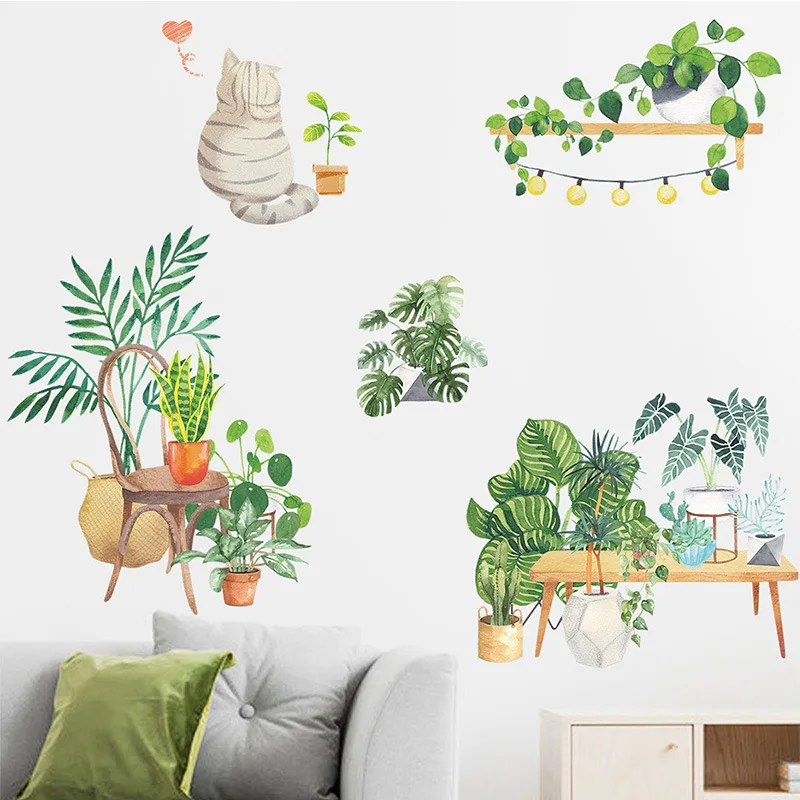 

Nordic Style Green Leaf Pot Wall Stickers for Living Room Bedroom Kids Rooms Wall Decor Cute Cat Wall Decals Home Decor