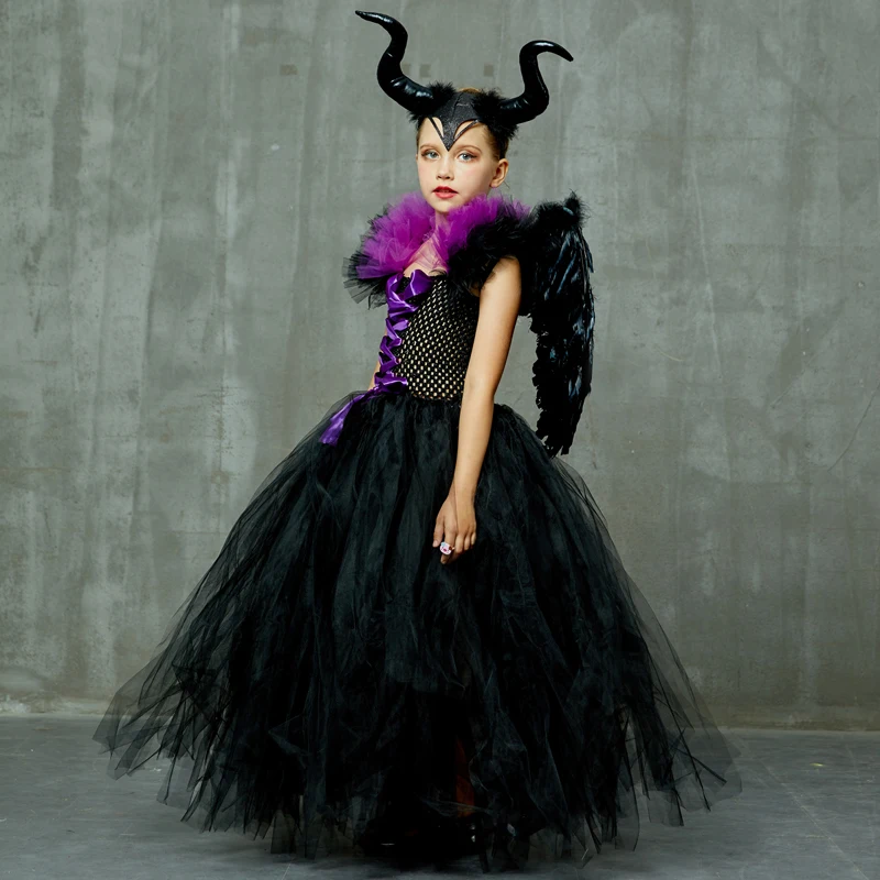 Maleficent/платье-пачка «злая королева» для девочек с роговыми крыльями; костюм ведьмы для косплея; детское праздничное рождественское платье