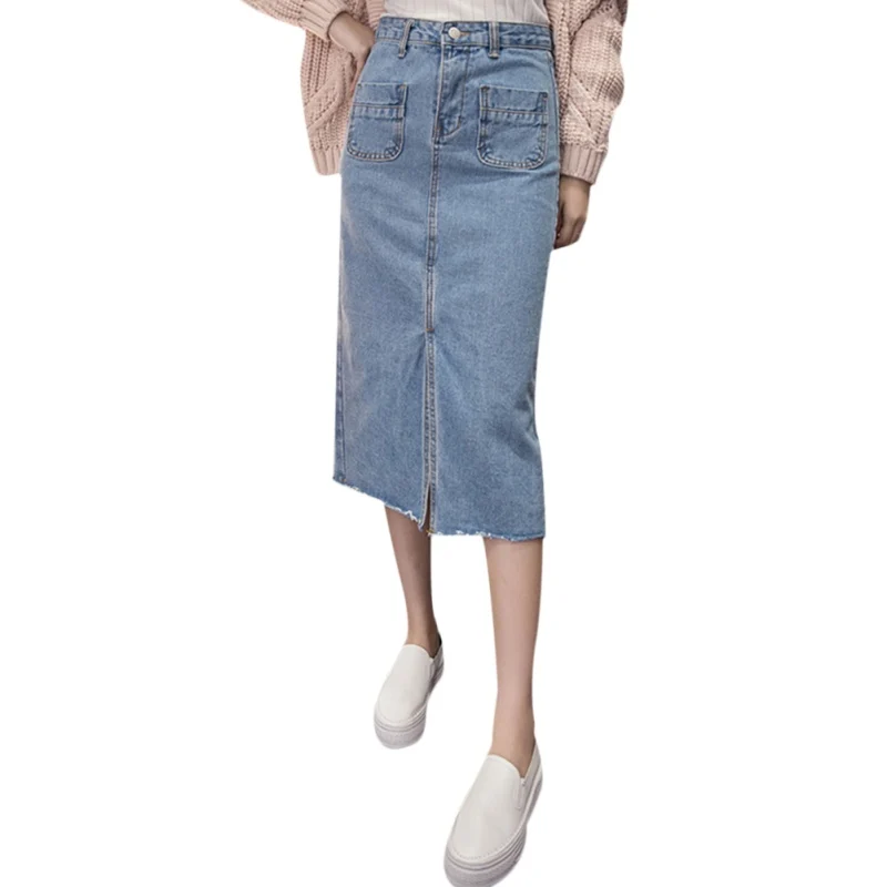 

New Denim Skirt Women Casual High Waist Denim Skirts Pencil Patchwork Stretch Slim Hip Jean Skirt Long