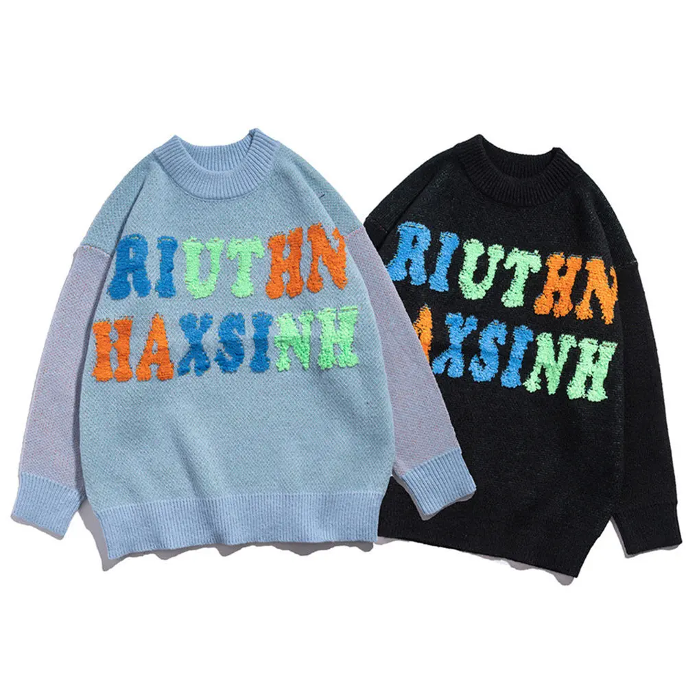 

Мужские пуловеры, вязаные свитера, флокированные вышитые буквы, женская трикотажная одежда в стиле Харадзюку, мужская одежда