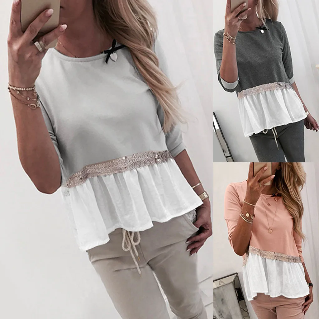 2020 футболка женская с длинным рукавом и блестками Повседневная круглым вырезом