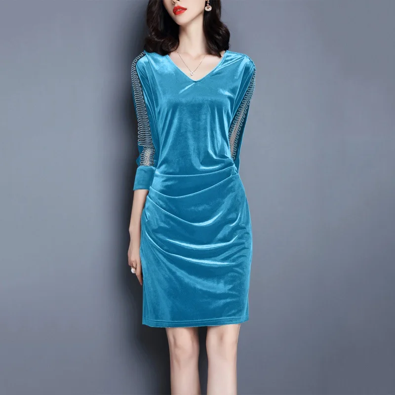

Women's Solid Color Seven Minute Sleeve V Collar Velvet Spliced Pencil Skirt Spring And Autumn New Leisure Long Sleeve Dress