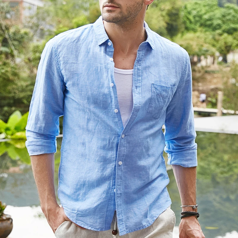 Рубашка Мужская льняная с длинным рукавом Повседневная Деловая Удобная блуза