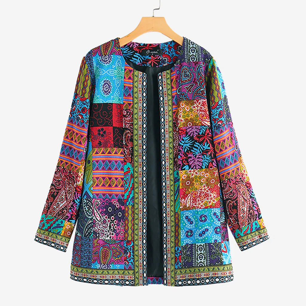 

Woman Jacket Coat New Fashion Autumn Vintage Ethnic Style Floral Print Long Sleeve Plus Size