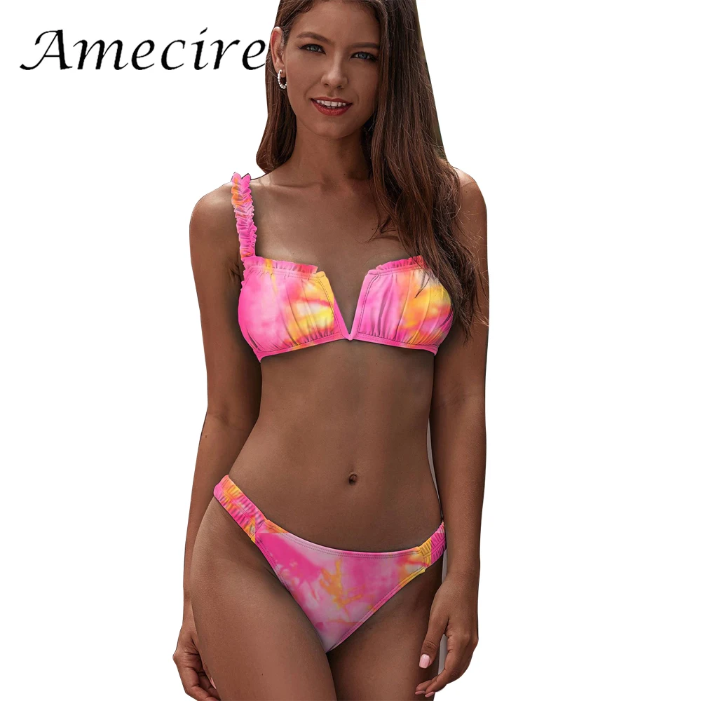 

Бикини Amecire с принтом на завязках, стринги, укороченный купальник 2020 с оборками, женская одежда для плавания, пляжная одежда, купальный костю...