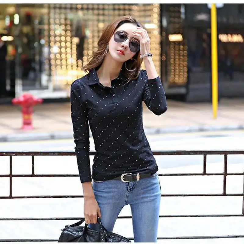 Женская хлопковая рубашка поло с длинным рукавом принтом|women polo shirt|women poloshirt women |